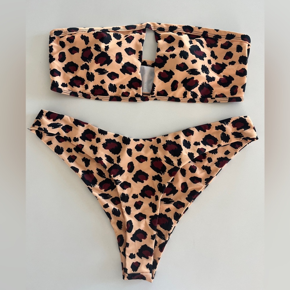 Leopard Print Bandeau Bikini Set in Beige, Black & Burgundy, XL